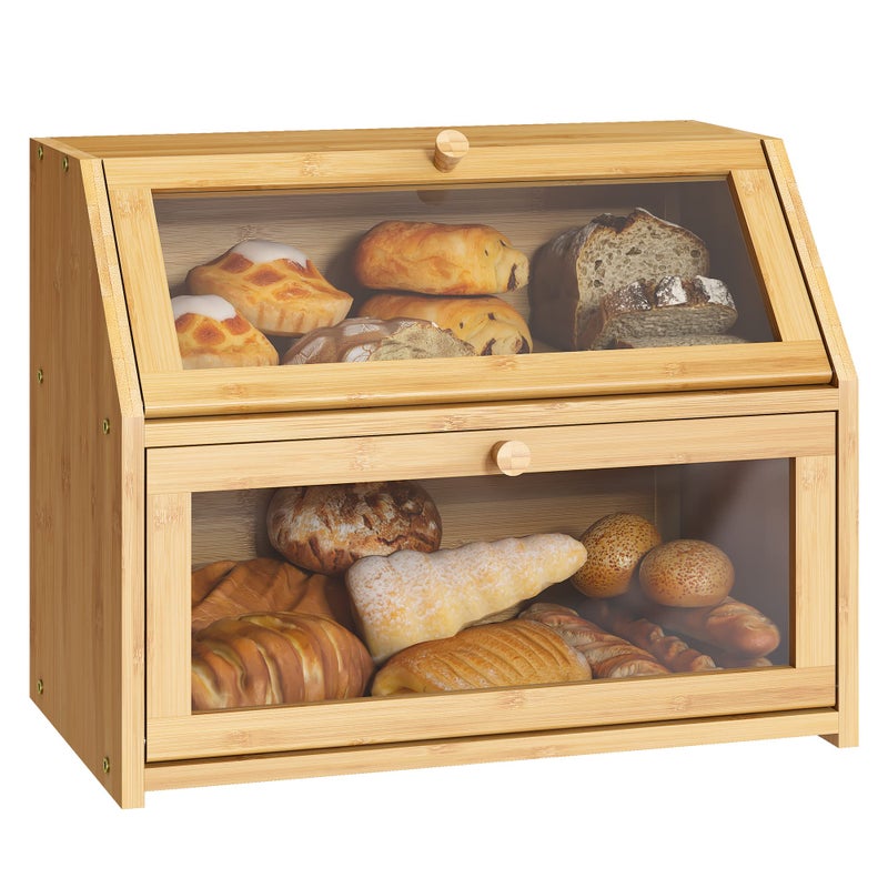 BMOSU Farmhouse Bread Box for Kitchen Countertop Bread box Double Layer Bamboo Wooden Extra Large Capacity Bin Kitchen Food Storage Container(Natural) - Image 1