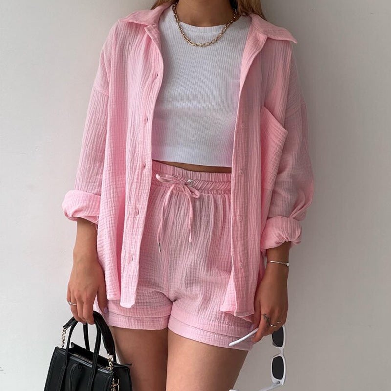 2024 Amazon European and American womens ruffle lapel long sleeve shirt high waist drawstring shorts fashion casual two-piece set Pink 