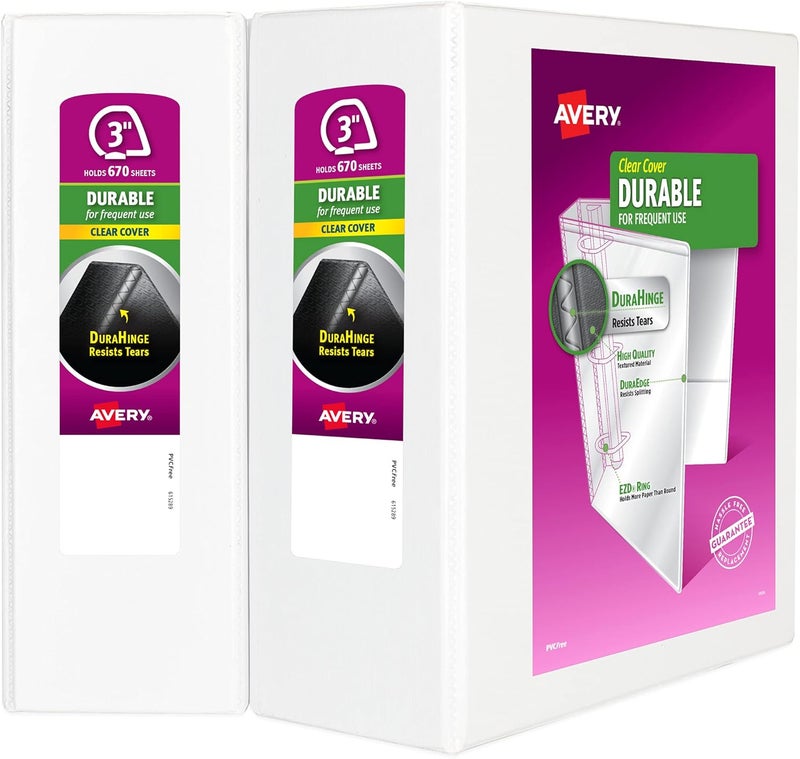 AVERY Durable Clear View 3 Ring Binders, 3 Inch EZD Rings, 2-Pack of White Binders (35307) - Image 1