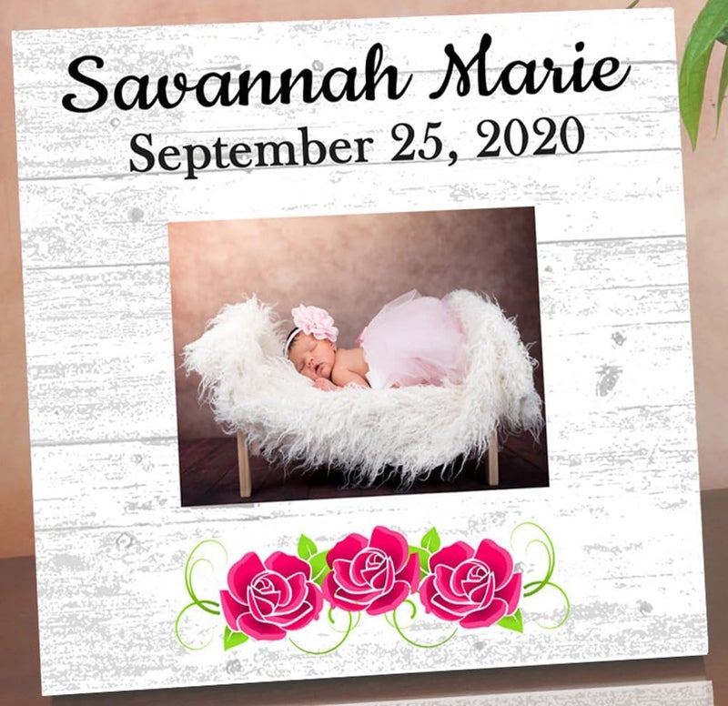 Broad Bay New Baby Frame Alternative  Personalized Baby Girl Birth Gift  Upload Picture or Photo  with Customized Name and Birthday Flowers - Image 1