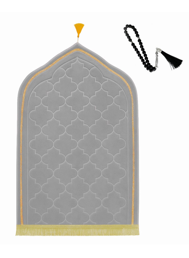 Fabienne Foam Filled Prayer Mat with Prayer Beads 70x110cm Soft, Anti-Skid, Portable and Light-Weight Prayer Rug for Men Women Eid Gift Ramadan Grey  - Image 1
