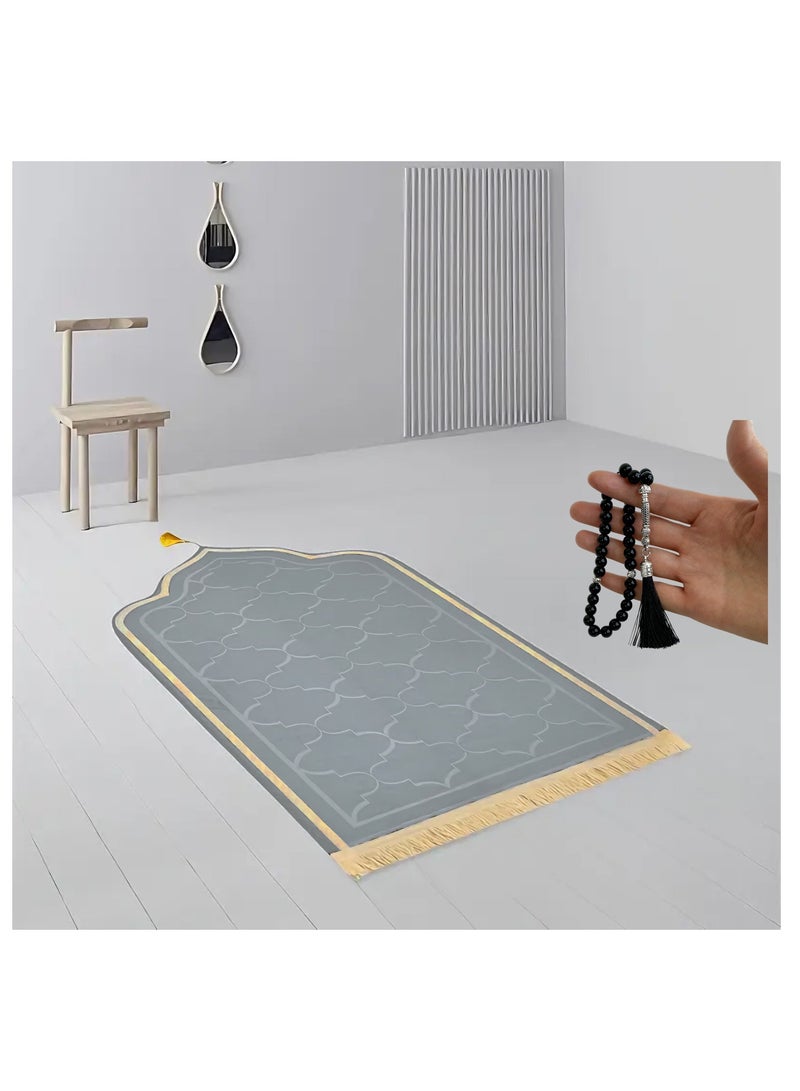 Fabienne Foam Filled Prayer Mat with Prayer Beads 70x110cm Soft, Anti-Skid, Portable and Light-Weight Prayer Rug for Men Women Eid Gift Ramadan Grey  - Image 3