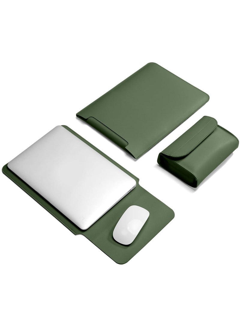 15.6 Inch Laptop Sleeve Case Computer Bag  , PU Bag with Small Case, Green - Image 1