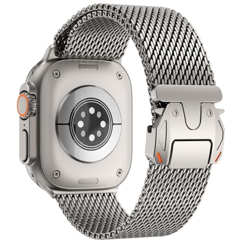 WINGLE Milanese Loop for Apple Watch Band Ultra 321 Band Ultra 49mm Series 11 10 46mm 45mm 44mm SE 321 9 8 7 6 5 4 Men WomenParachuteStyle Buckle Stainless Steel Mesh Metal iWatch Bands Titanium - Image 1