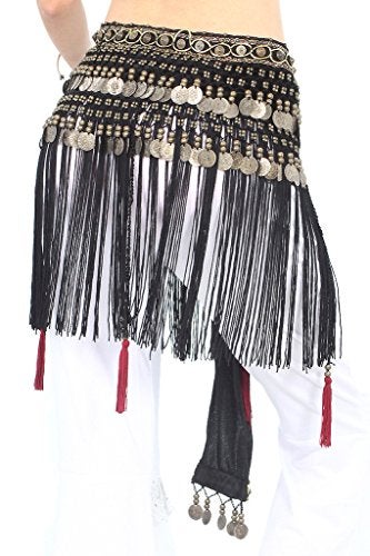 ZLTdream Women's Belly Dance Tribal Hip Scarf with Fringe Coins Flannel Black, One Size - Image 2