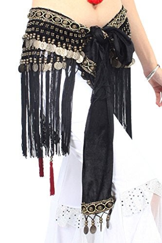 ZLTdream Women's Belly Dance Tribal Hip Scarf with Fringe Coins Flannel Black, One Size - Image 1