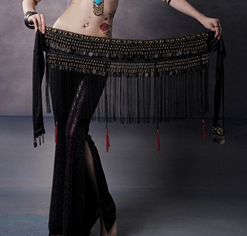 ZLTdream Women's Belly Dance Tribal Hip Scarf with Fringe Coins Flannel Black, One Size - Image 3