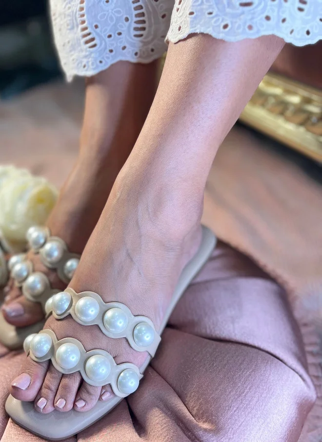 Sandal Stories SANDAL STORIES Women Embellished Beaded Open Toe Flats in Beige