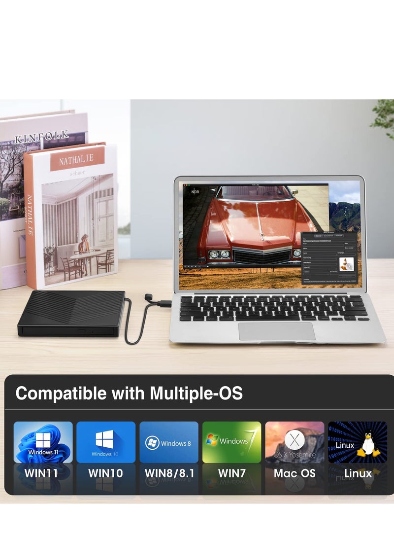 SYOSI External CD DVD Drive, Ultra Slim CD Burner USB 3.0 with 4 USB Ports and 2 TF/SD Card Slots, Optical Disk Drive for Laptop Mac, PC Windows 11/10/8/7 Linux OS  - Image 5