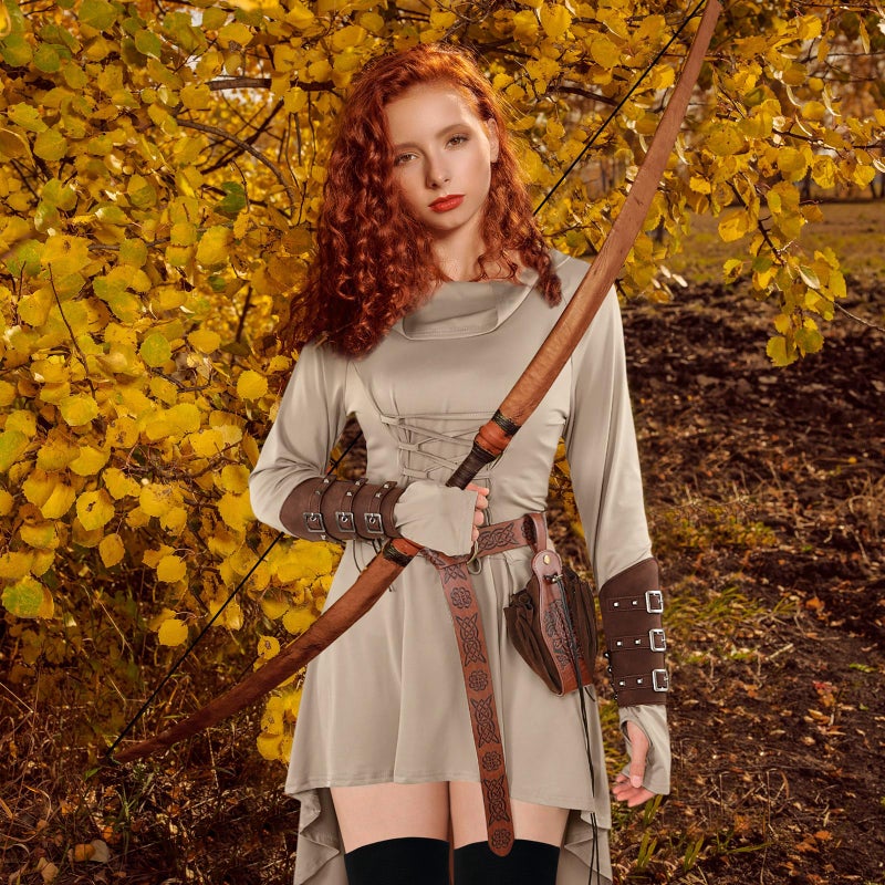 Suhine 5 Pcs Renaissance Women Costume Medieval Hooded Robe Carnival Vintage Faux Leather Arm Pouch Belt for Cosplay Party(Large,Light Brown) - Image 5