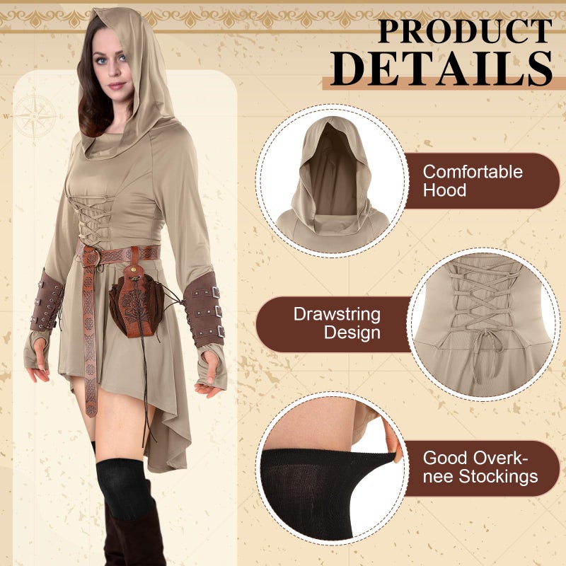 Suhine 5 Pcs Renaissance Women Costume Medieval Hooded Robe Carnival Vintage Faux Leather Arm Pouch Belt for Cosplay Party(Large,Light Brown) - Image 4