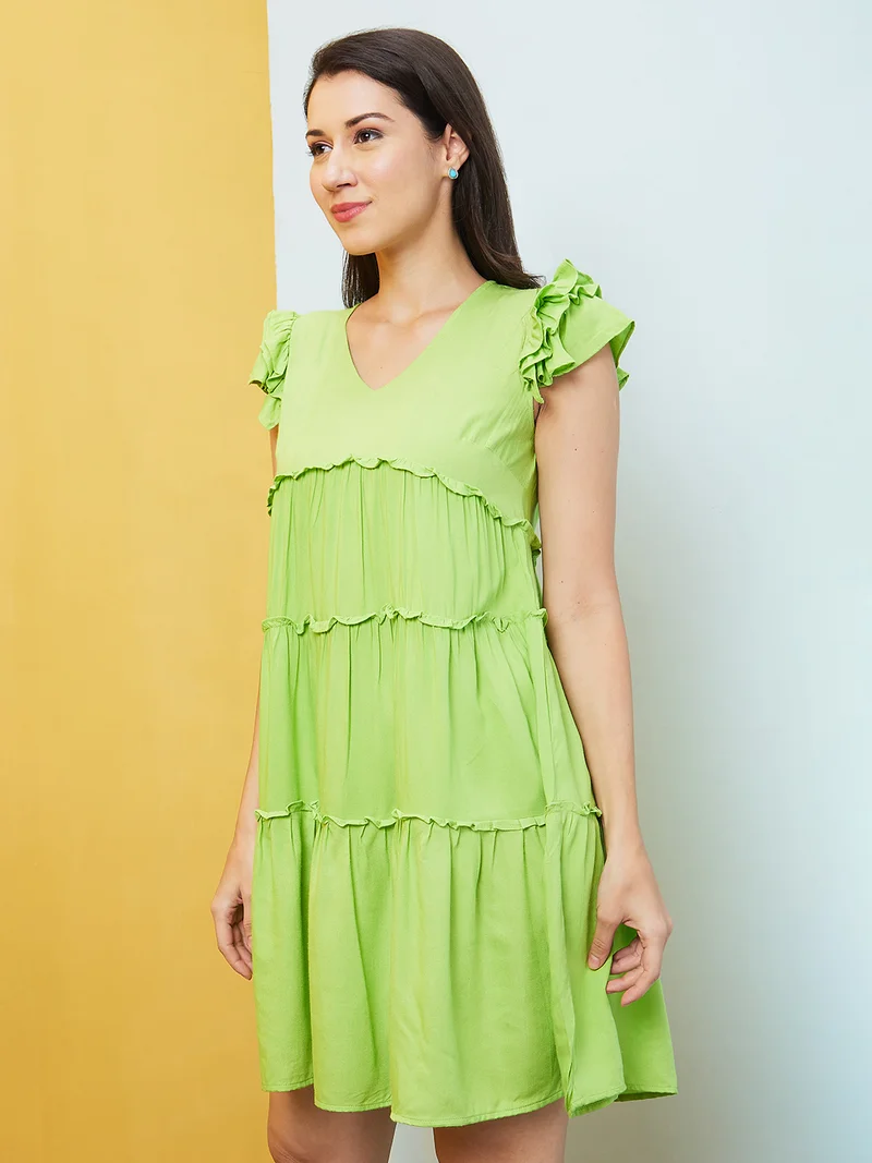 globus Globus Women Lime Green V-Neck Cap Sleeves A-Line Dress