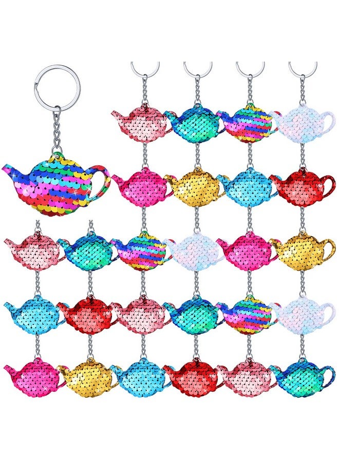 Sureio 24 Pcs Girls Party Teapot Sequin Keychain Glitter Flip Sequin Keychain Tea Party Favors Reversible Teapot Key Chains For Kids Carnival Prizes Tea Time Girls Party Supplies Birthday Gifts 8 Colors - Image 2