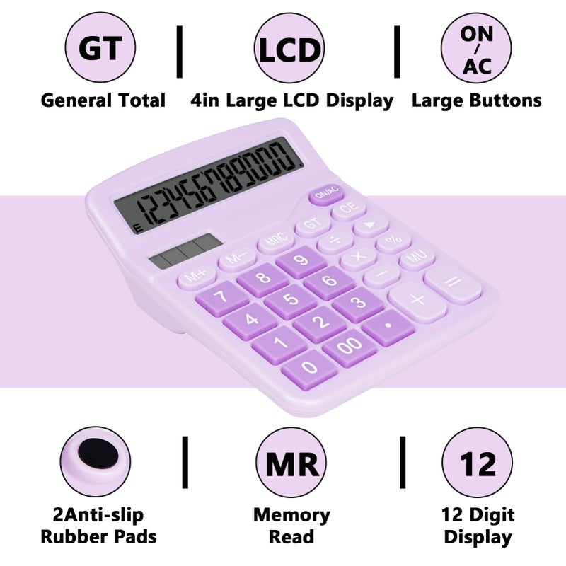 Desktop Calculator Purple: 12-Digit 4-Inch Large Display, Ergonomic Large Buttons - Dual Power Source, Slim Compact Design for Office, School, Teachers & Professionals - Image 4