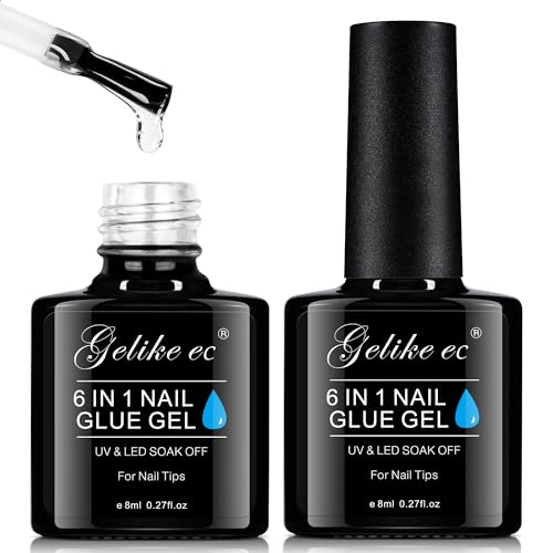 Gelike EC 6 in 1 Nail Glue Gel: 2 Pcs Nail Glue for Acrylic Nail Tips - 28+ Days Long Lasting Nail Gel Kit for False Nails Tips, Base Blooming Nail Gel, U V Light Required, Gift for Women - Image 1
