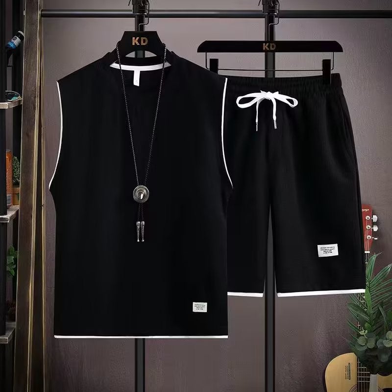 Ins Fashionable Vest Casual suit Simple Summer New Arrival Five-point Pants Fashionable Brand Popular Vest Mens Sleeveless T-Shirt Black - Image 1