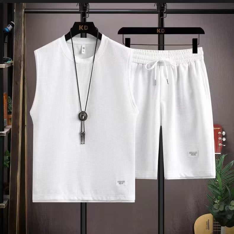 Ins Fashionable Vest Casual suit Simple Summer New Arrival Five-point Pants Fashionable Brand Popular Vest Mens Sleeveless T-Shirt Black - Image 5
