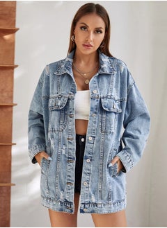Loquat Women's Worn-Out Oversize Loose Medium Length Denim Jacket  - Image 1