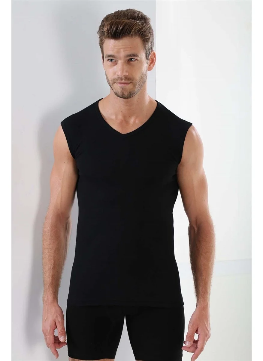 Arma Yıldız Men's Black T-Shirt V Neck Zero Sleeve Sleeveless Undershirt Body 100% Cotton