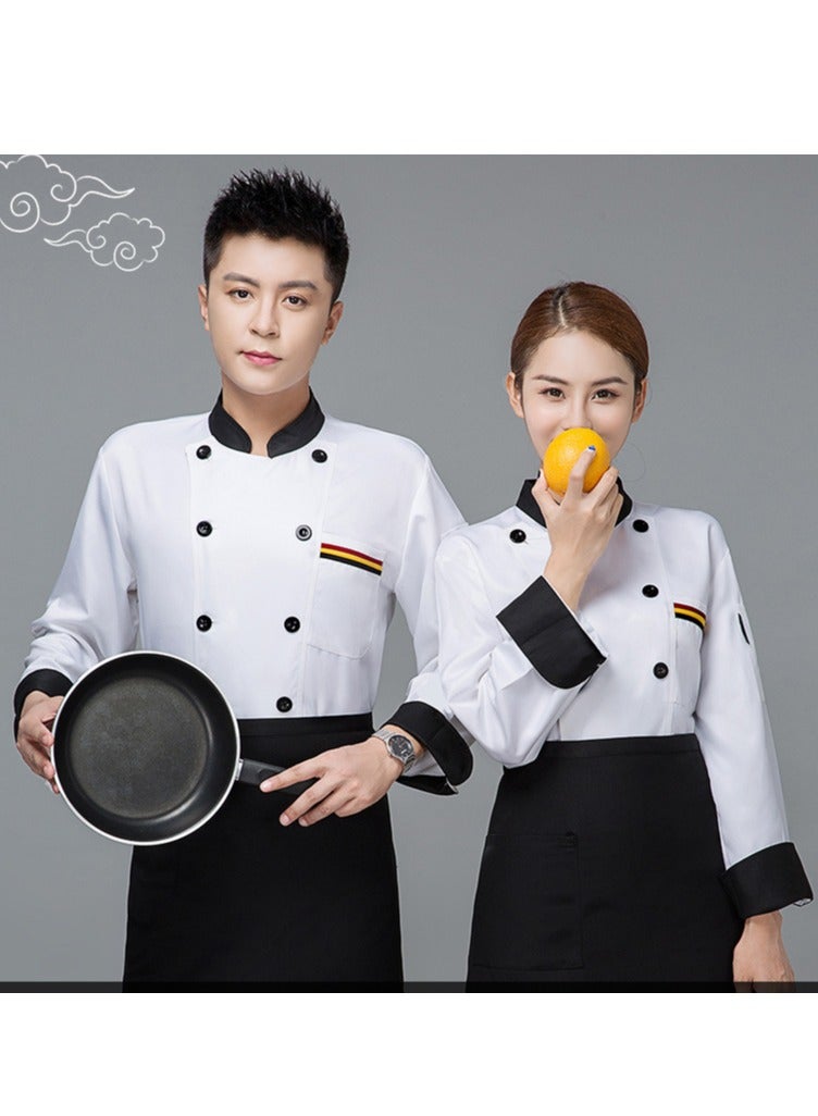 Loquat Chef Uniform Long Sleeve Double-Breasted Stand Collar Waiter T-shirt White and Black - Image 2