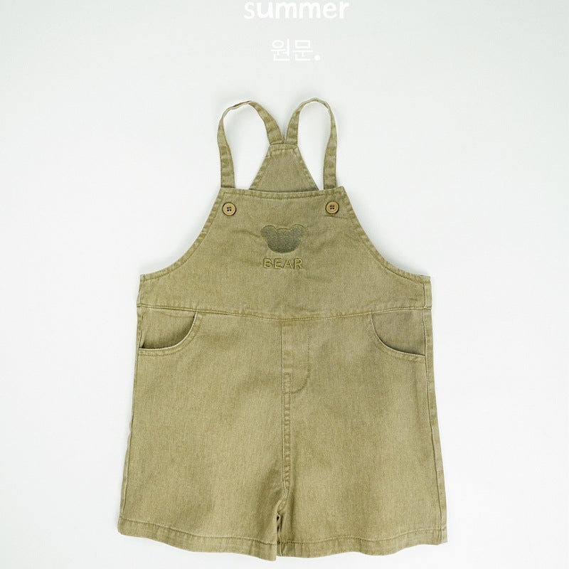 Children'S Shorts 2025 Korean Style Boys And Girls Bear Embroidered Suspender Shorts Baby Denim Suspender Pants - Image 1