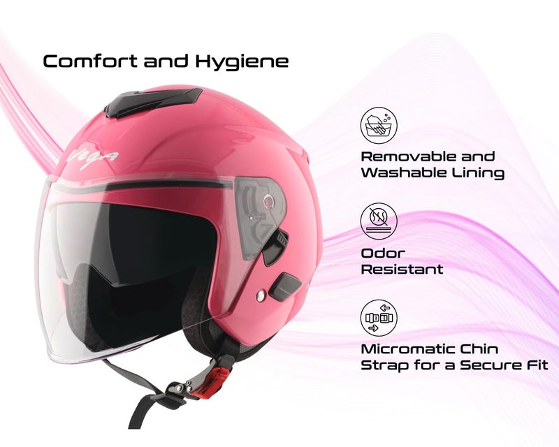 Vega VO 04 Punch Dual Visor Open Face Riding Helmet with Lightweight Shell, Shock-Absorbing Liner, Comfortable Interior, Aerodynamic Design, Ventilated Fit, and Modern Pink Styling Pink M - Image 4