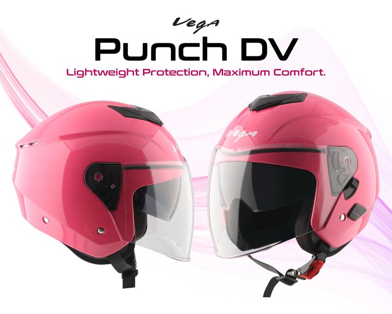 Vega VO 04 Punch Dual Visor Open Face Riding Helmet with Lightweight Shell, Shock-Absorbing Liner, Comfortable Interior, Aerodynamic Design, Ventilated Fit, and Modern Pink Styling Pink M - Image 2