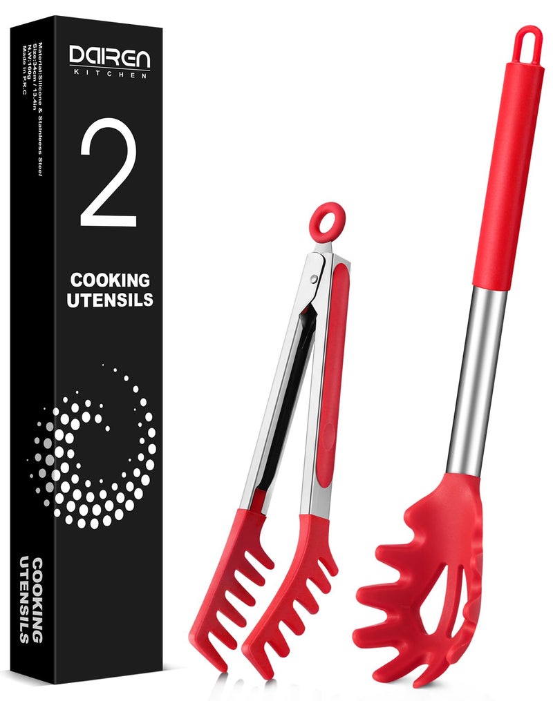Spaghetti Spoon and Pasta Tong Nonstick Silicone Spoon Server Fork with teeth and Stainless Steel Handle Spaghetti Tong Food Clip for Spaghetti Noodle RED