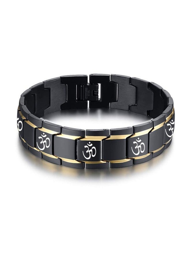 VNOX Yoga Aum Ohm Namaste & OM Symbol Stainless Steel Two-Tone Stainless Steel Link Bracelet for Men,Adjusting Tool,Black - Image 1