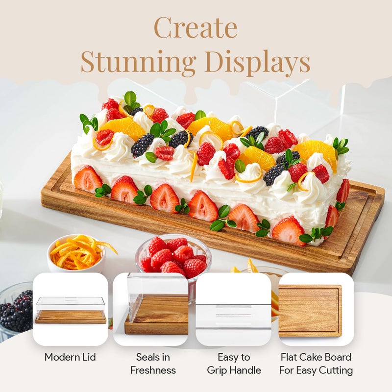 HOMESPHERE Cake Display with Lid â€“ Acacia Wood Dessert Stand & Wooden Charcuterie Board with Lid for Loaf Cakes, Bread, Pastries, Cheese, Large Rectangle Wood Tray Platter & Acrylic Cover, 15 x 6.25â€ - Image 4