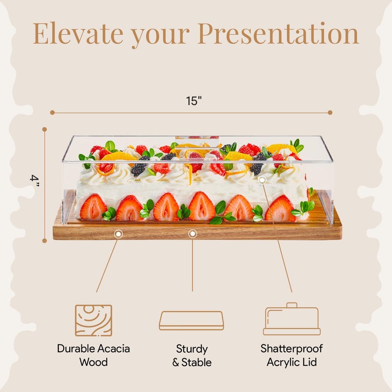 HOMESPHERE Cake Display with Lid â€“ Acacia Wood Dessert Stand & Wooden Charcuterie Board with Lid for Loaf Cakes, Bread, Pastries, Cheese, Large Rectangle Wood Tray Platter & Acrylic Cover, 15 x 6.25â€ - Image 3