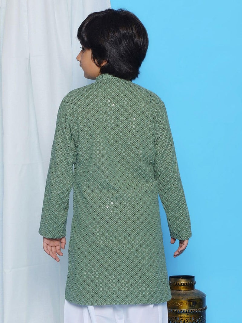 AJ DEZINES Kids Cotton Full Sleeve Sequined Pista Kurta for Boys - Ethnic wear | Special Occasion & Party Outfit | Chikankari Kurta for boys - Regular Fit - Image 3