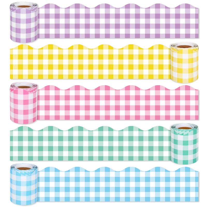 Whaline 164Ft Spring Easter Buffalo Plaid Bulletin Board Borders 5 Rolls DieCut Pastel Pink Blue Yellow Green Strips Plaid Rolled Bulletin Board Trim for School Classroom Office Chalkboard Decoration