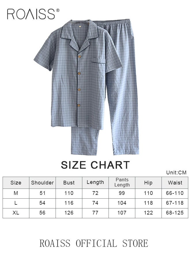 roaiss - 2-Piece Pajama Set Men's Cotton Short Sleeved T-Shirt Long Pants Sets Checkered Print Pattern Sleepwear Nightgown Male Loose Spring Summer Thin Loungewear Home Clothes - Image 1