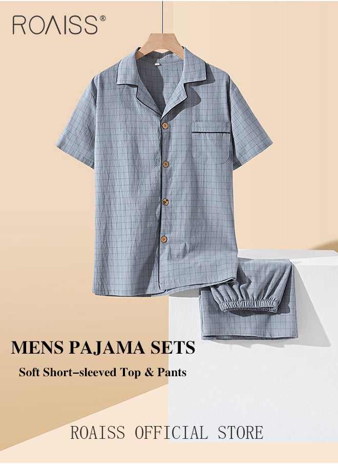 roaiss - 2-Piece Pajama Set Men's Cotton Short Sleeved T-Shirt Long Pants Sets Checkered Print Pattern Sleepwear Nightgown Male Loose Spring Summer Thin Loungewear Home Clothes - Image 1