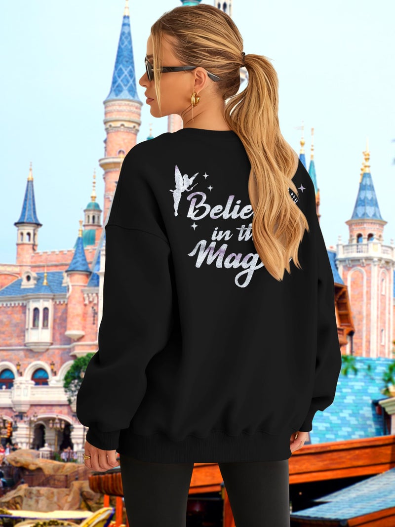 FASHGL Magical Kingdom Sweatshirt for Women Magic Shirt Family Vacation Sweater Cute Castle Graphic Long Sleeve Pullover Tops Black - Image 2