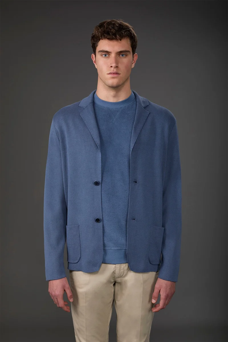 دوبل غانغر Men's cardigan with patch pockets, 100% cotton milano rib knit - Cerulean