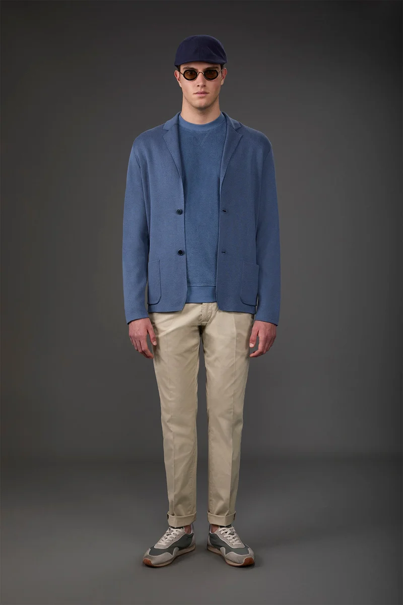 دوبل غانغر Men's cardigan with patch pockets, 100% cotton milano rib knit - Cerulean