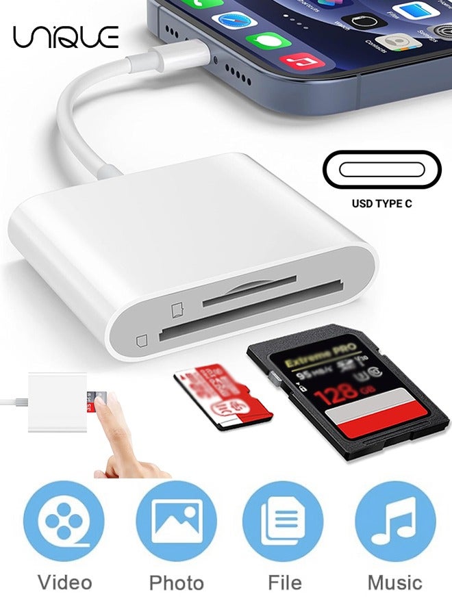 USB-C SD Card Reader for iPhone 15/16/17 - Dual Slot for SD and MicroSD - Supports SD and TF Memory Card Adapters - Portable Reader - No App Installation Required - Plug and Play - Compatible with USB-C and Type-C Smartphones, Computers, and Cameras - White