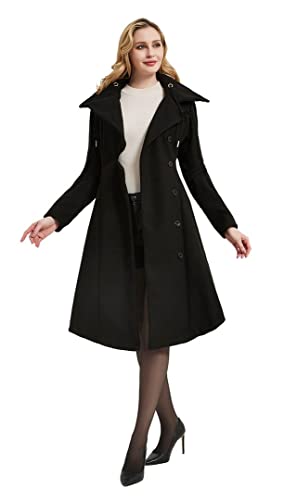 QZUnique Long Trench Pea Coat for Women - Wool Winter Trench Coat Goth Lapel Peacoat Outwear Thick Hood Pea Jacket Trenchcoat - Image 3