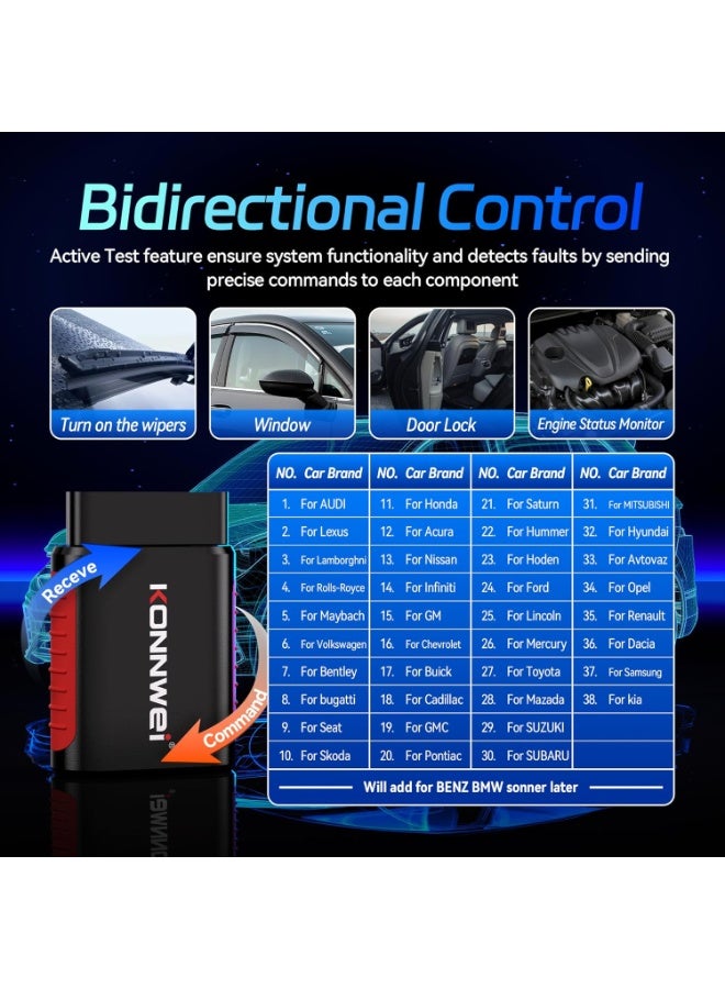 كونوي جهاز KDIAG OBD2 ماسح ضوئي يعمل بالبلوتوث - أداة تشخيص كاملة لنظام السيارة للمحرك، وناقل الحركة، ونظام ABS، ونظام مراقبة ضغط الإطارات، والتوجيه، والبطارية، وغيرها، وإعادة ضبط الزيت/EPB/DPF/BMS لأكثر من 40 مركبة، مع تطبيق iOS وAndroid مدى الحياة - Image 3