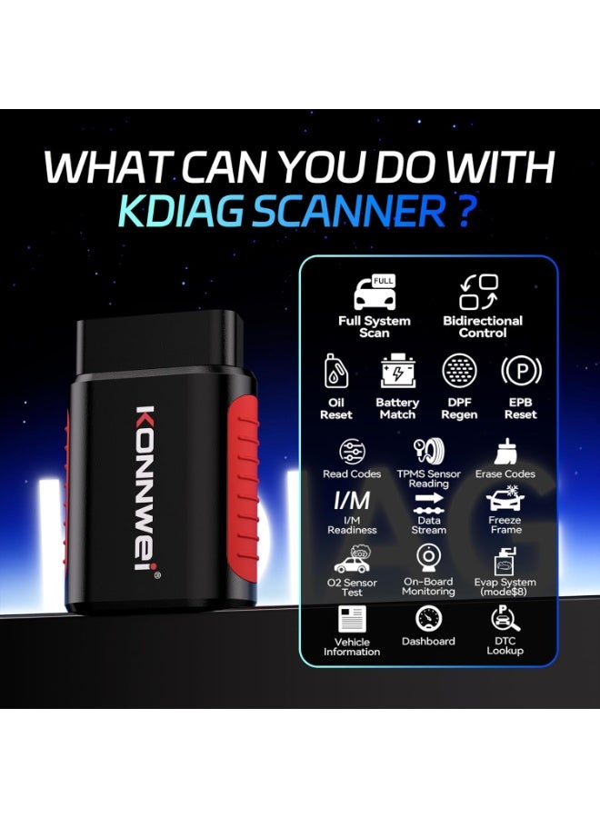 كونوي جهاز KDIAG OBD2 ماسح ضوئي يعمل بالبلوتوث - أداة تشخيص كاملة لنظام السيارة للمحرك، وناقل الحركة، ونظام ABS، ونظام مراقبة ضغط الإطارات، والتوجيه، والبطارية، وغيرها، وإعادة ضبط الزيت/EPB/DPF/BMS لأكثر من 40 مركبة، مع تطبيق iOS وAndroid مدى الحياة - Image 5
