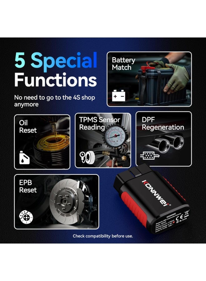 كونوي جهاز KDIAG OBD2 ماسح ضوئي يعمل بالبلوتوث - أداة تشخيص كاملة لنظام السيارة للمحرك، وناقل الحركة، ونظام ABS، ونظام مراقبة ضغط الإطارات، والتوجيه، والبطارية، وغيرها، وإعادة ضبط الزيت/EPB/DPF/BMS لأكثر من 40 مركبة، مع تطبيق iOS وAndroid مدى الحياة - Image 4