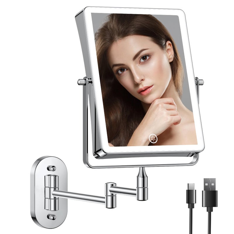 FASCINATE Rechargeable Wall Mounted Makeup Mirror 87 Inch Double Sided 1X 10X Magnifying Bathroom Mirror Rectangle 3 Color Setting Extended Arm 360 Swivel Foldable Chrome