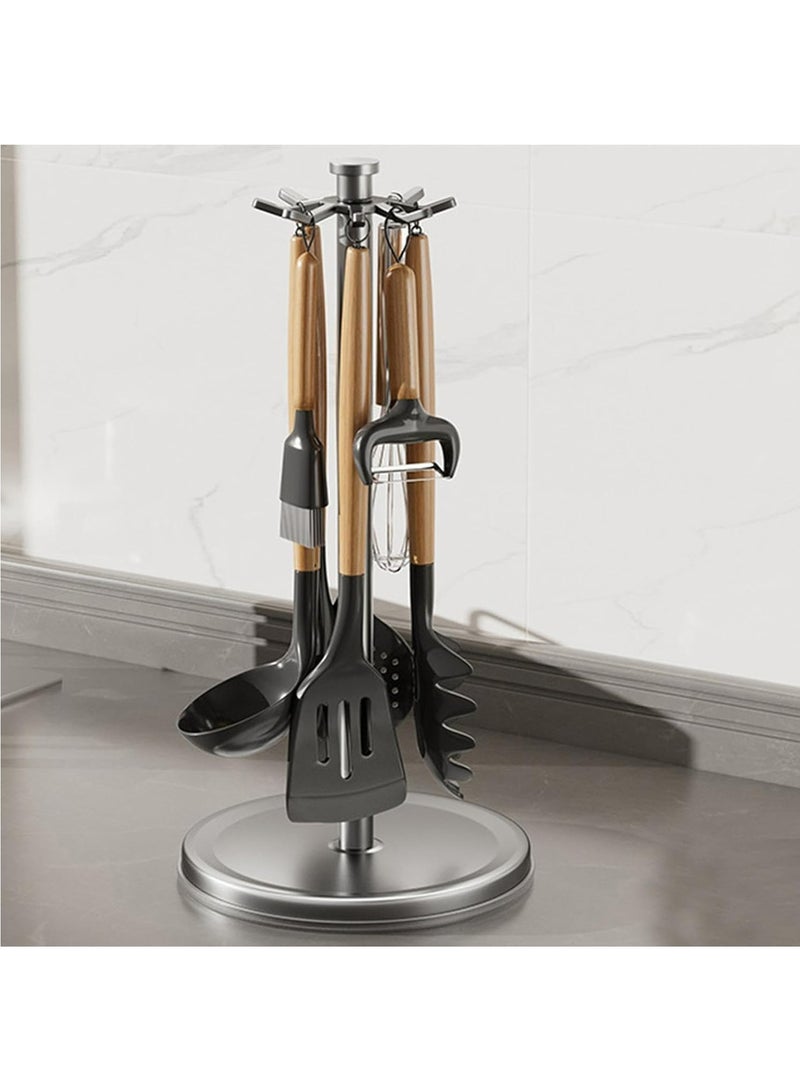 عربست رف تخزين للمطبخ لا يتطلب حفرًا، يتميز بخطاف دوار وقضيب لتنظيم الأدوات مثل الملاعق والملاعق، مثالي للصرف، رمادي - Image 1