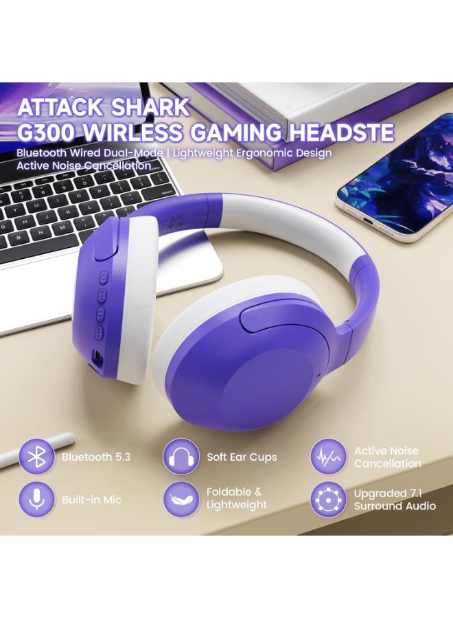هجوم القرش سماعات رأس ATTACK SHARK G300 اللاسلكية فوق الأذن مع خاصية إلغاء الضوضاء النشطة، وبلوتوث 5.3، ومدة تشغيل تصل إلى 40 ساعة، وصوت ستيريو عالي الدقة وعميق، وميكروفون مدمج، وتصميم مريح للسفر/المكتب المنزلي/الألعاب (أرجواني) - Image 2