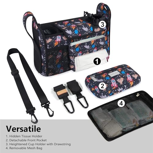 TOPDesign Universal Baby Stroller Organizer Stroller Caddy with Detachable Mesh Bag Heightened Insulated Cup Holders NonSlip Secure Hooks Accessories Fits Most Strollers Cats Rockets - Image 3