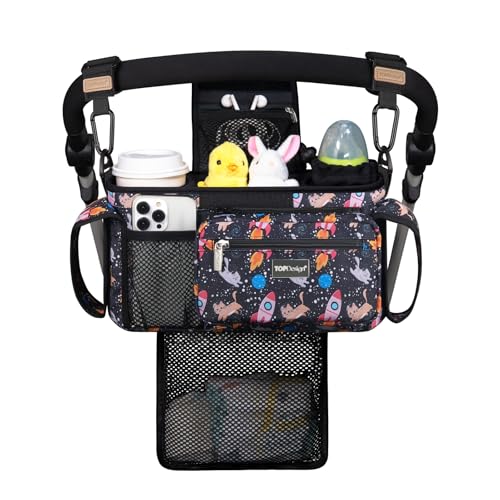 TOPDesign Universal Baby Stroller Organizer Stroller Caddy with Detachable Mesh Bag Heightened Insulated Cup Holders NonSlip Secure Hooks Accessories Fits Most Strollers Cats Rockets - Image 1