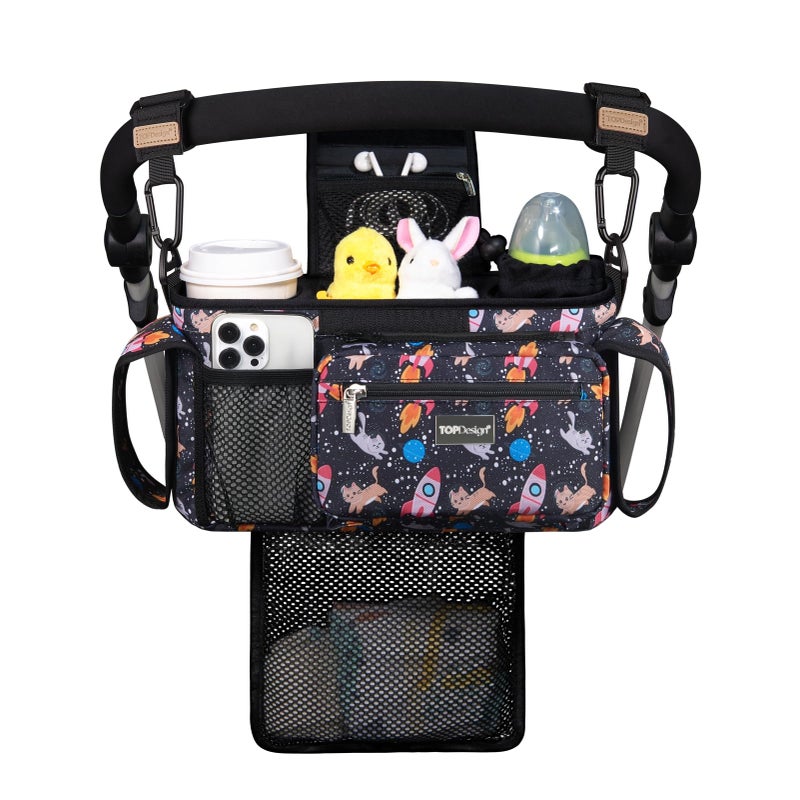 TOPDesign Universal Baby Stroller Organizer Stroller Caddy with Detachable Mesh Bag Heightened Insulated Cup Holders NonSlip Secure Hooks Accessories Fits Most Strollers Cats Rockets - Image 2