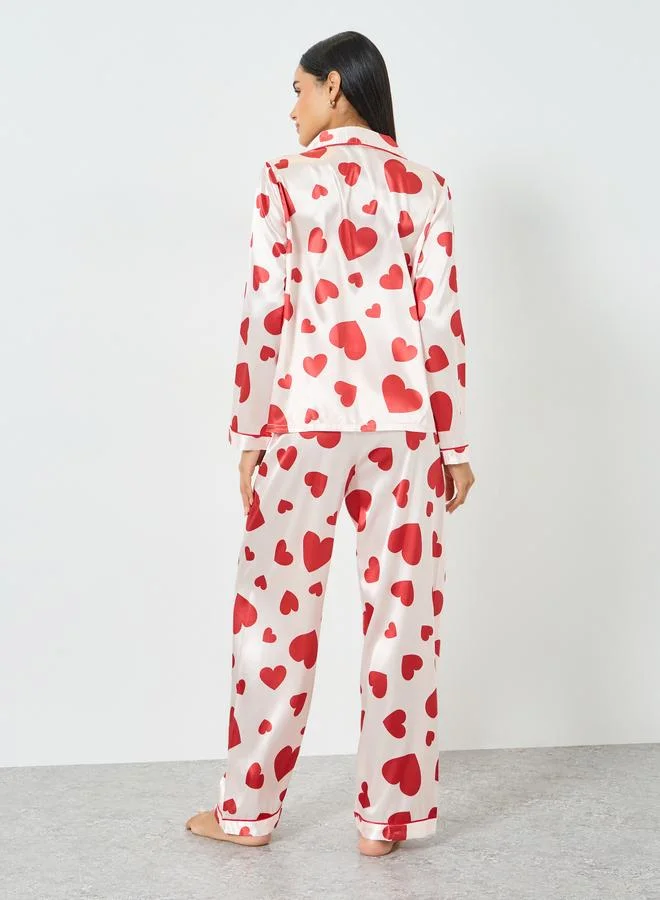 Take Two  Light Pink Heart Print Shirt and Pyjama Set for Women | Best Price UAE